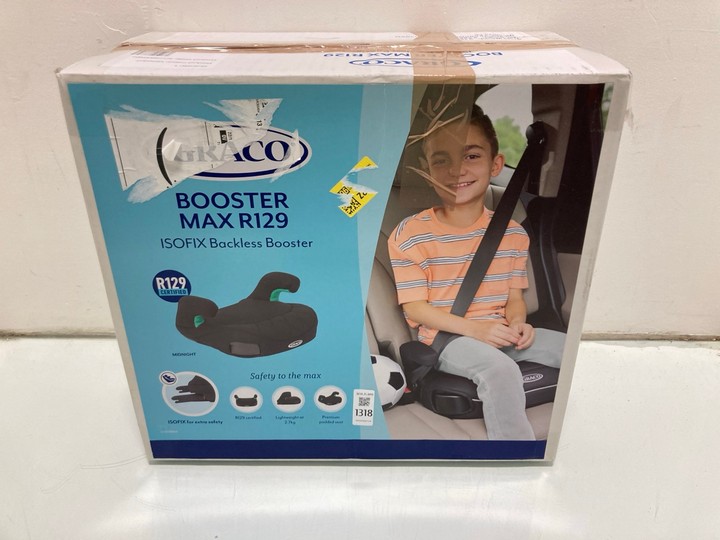 Lot 1318  
            Marchington SR15 - Parcel Delivery Only 

                
GRACO BOOSTER MAX R129 CHILD ISOFIX BACKLESS BOOSTER IN MIDNIGHT: LOCATION - BR18