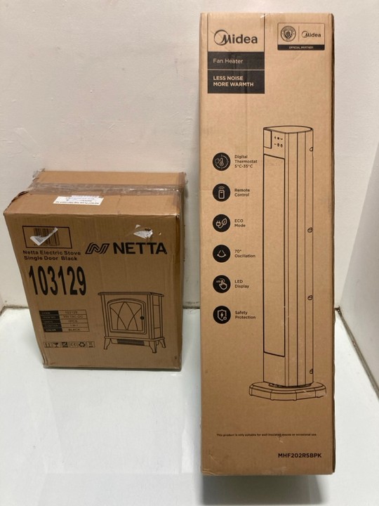 Lot 1319  
            Marchington SR15 - Parcel Delivery Only 

                
NETTA ELECTRIC STOVE SINGLE DOOR IN BLACK TO INCLUDE MIDEA TOWER FAN HEATER MODEL...