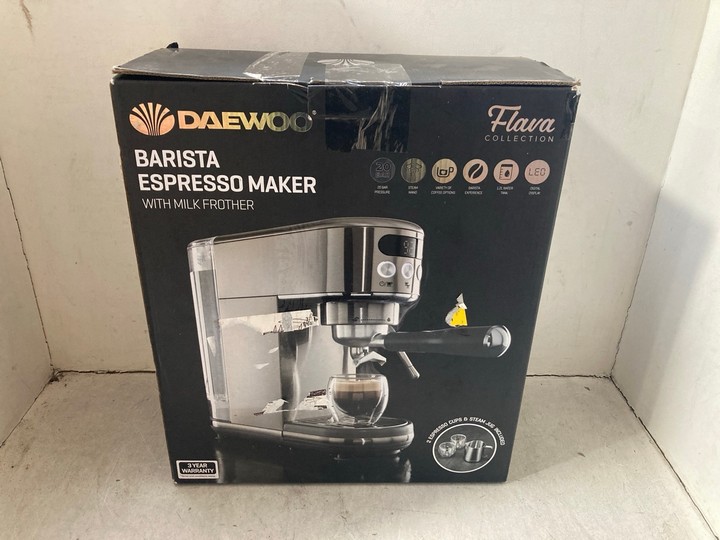 Lot 1336  
            Marchington SR15 - Parcel Delivery Only 

                
DAEWOO BARISTA ESPRESSO MACHINE WITH MILK FROTHER - ORIGINAL RRP £130: LOCATION -...