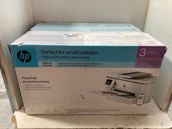 Lot 1468  
            Marchington SR15 - Parcel Delivery Only 

                
HP PERFECT FOR SMALL BUSINESS OFFICEJET PRO 9720E WIDE FORMAT PRINTER ORIGINAL RR...