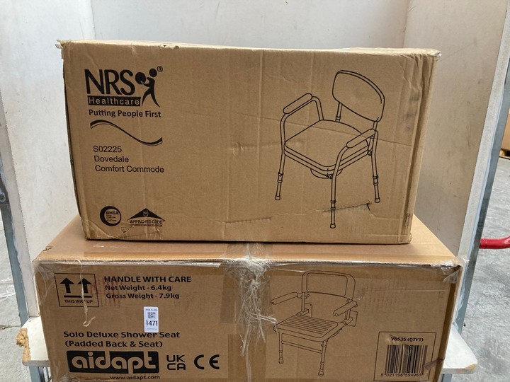 Lot 1471  
            Marchington SR15 - Parcel Delivery Only 

                
NRS HEALTHCARE DOVEDALE COMFORT COMMODE TO INCLUDE AIDAPT SOLO DELUXE SHOWER SEAT...