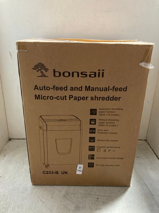 Lot 1482  
            Marchington SR15 - Parcel Delivery Only 

                
BONSAII AUTO-FEED & MANUAL-FEED MICRO-CUT PAPER SHREDDER MODEL: C233-B ORIGINAL R...