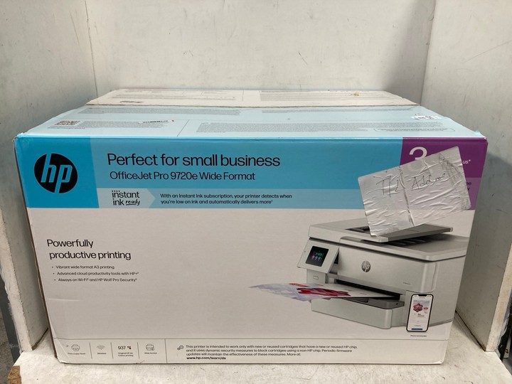 Lot 1532  
            Marchington SR15 - Parcel Delivery Only 

                
HP PERFECT FOR SMALL BUSINESS OFFICEJET PRO 9720E WIDE FORMAT PRINTER ORIGINAL RR...
