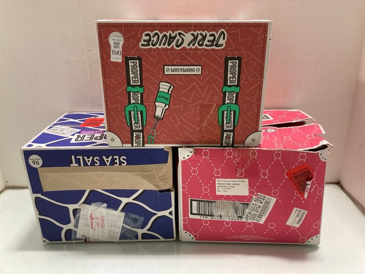 Lot 1543  
            Marchington SR15 - Parcel Delivery Only 

                
3 X OF ASSORTED PROPPER CHIPS CRISPS TO INCLUDE PROPPER CHIPS PRAWN COCKTAIL FLAV...