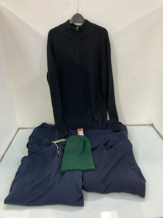 Lot 1581  
            Marchington SR15 - Parcel Delivery Only 

                
QTY OF ASSORTED CLOTHING ITEMS TO INCLUDE 1/4 ZIP KNITTED JUMPER IN BLACK - UK M:...