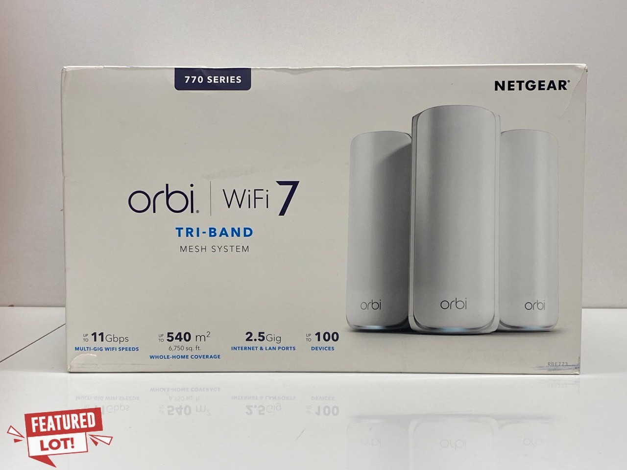 Lot 1004  
            Nationwide - Parcel Delivery Only 

                
ORBI RBE773 TRI-BAND 3 PACK( ROUTER + 2 SATELLITES WIFI 7 MESH SYSTEM (ORIGINAL R...