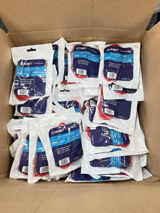 Lot 134  
            Nationwide - Parcel Delivery Only 

                
QTY OF 200 CIRQIT NYLON BRAIDED 2M USB-A TO USB-C CABLES IN RED. [JPTM151181]. TH...