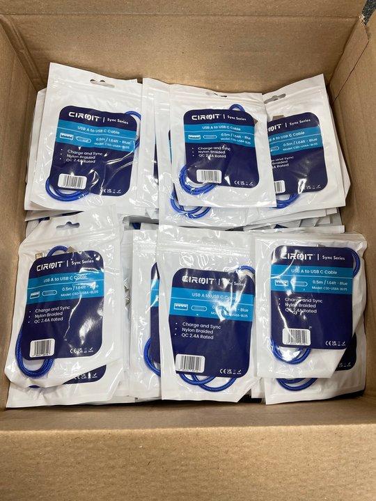Lot 135  
            Nationwide - Parcel Delivery Only 

                
QTY OF 300 CIRQIT NYLON BRAIDED 0.5M USB-A TO USB-C CABLES IN BLUE. [JPTM151221]....