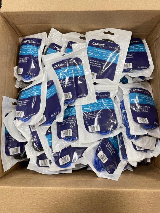 Lot 136  
            Nationwide - Parcel Delivery Only 

                
QTY OF 150 CIRQIT NYLON BRAIDED 3M USB-A TO LIGHTNING CABLES. [JPTM151262]. THIS ...