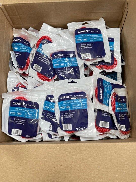 Lot 137  
            Nationwide - Parcel Delivery Only 

                
QTY OF 150 CIRQIT NYLON BRAIDED 3M USB-A TO MICRO USB CABLES IN RED. [JPTM151195]...