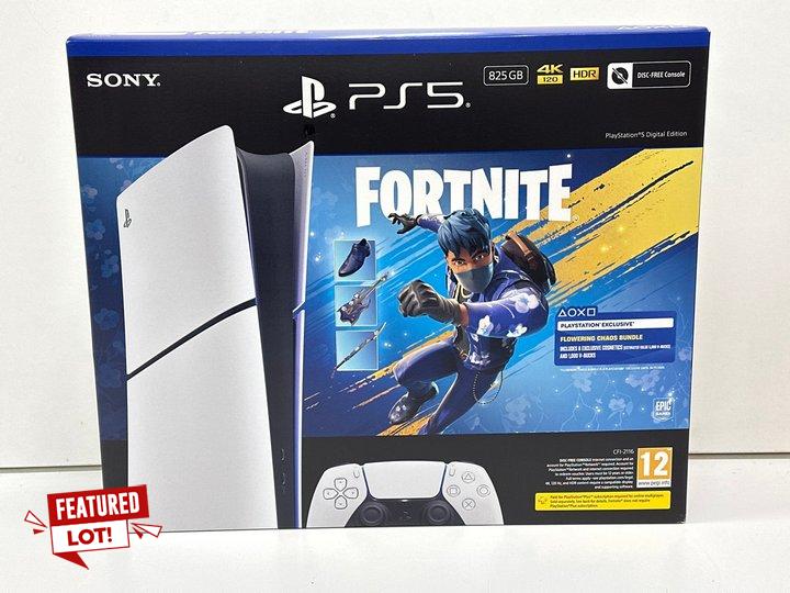 Lot 83  
            Nationwide - Parcel Delivery Only 

                
SONY PLAYSTATION 5 - SLIM (DIGITAL EDITION) FORTNITE FLOWERING CHAOS BUNDLE 825 G...
