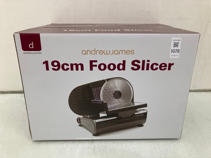 Lot 1078  
            Marchington SR14 - Parcel Delivery Only 

                
ANDREW JAMES 19CM FOOD SLICER(SEALED): LOCATION - C14