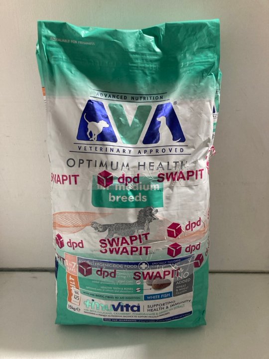 Lot 125  
            Marchington SR14 - Parcel Delivery Only 

                
15KG AVA OPTIMUM HEALTH DOG FOOD FOR MEDIUM DOGS - BBE:07.26: LOCATION - A3