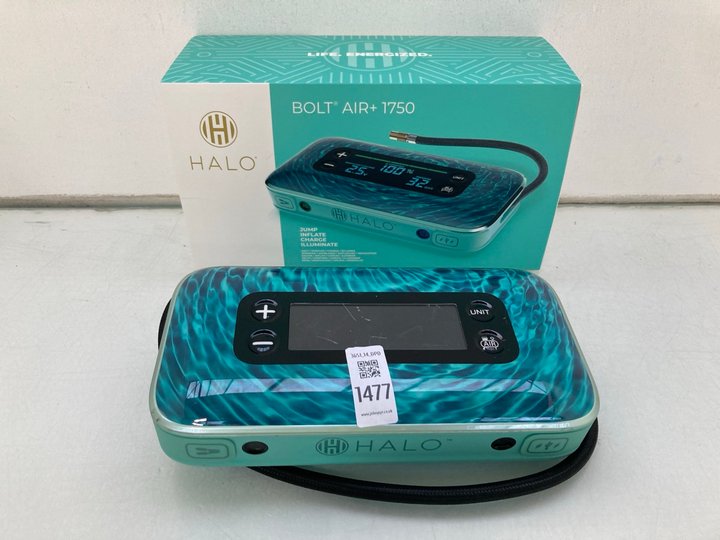 Lot 1477  
            Marchington SR14 - Parcel Delivery Only 

                
2 X HALO BOLT AIR+ 1750 JUMPSTARTERS IN TEAL - COMBINED ORIGINAL RRP £307.32: LOC...