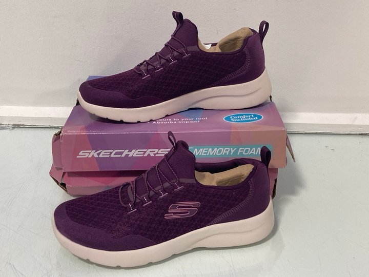 Lot 1536  
            Marchington SR14 - Parcel Delivery Only 

                
SKECHERS MEMORY FOAM DYNAMIC 2.0 TRAINERS IN PLUM - UK 5: LOCATION - D4