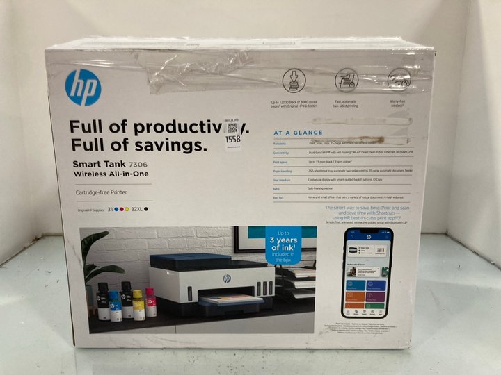 Lot 1558  
            Marchington SR14 - Parcel Delivery Only 

                
HP SMART TANK 7306 ALL-IN-ONE WIRELESS PRINTER - ORIGINAL RRP £319: LOCATION - D3
