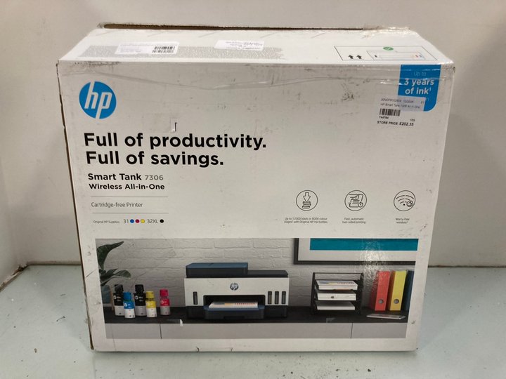 Lot 1559  
            Marchington SR14 - Parcel Delivery Only 

                
HP SMART TANK 7306 ALL-IN-ONE WIRELESS PRINTER - ORIGINAL RRP £319: LOCATION - D3
