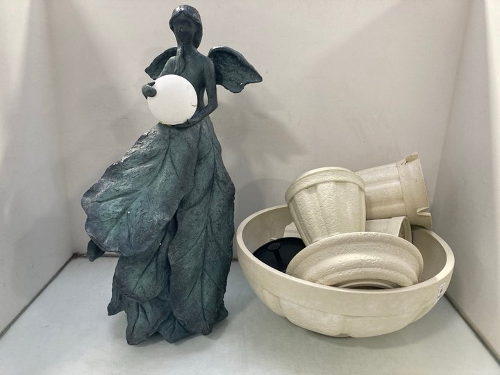 Lot 1568  
            Marchington SR14 - Parcel Delivery Only 

                
BIRD BATH WATER FEATURE IN STONE EFFECT TO INCLUDE MY GARDEN STORIES ANGEL LIGHT ...