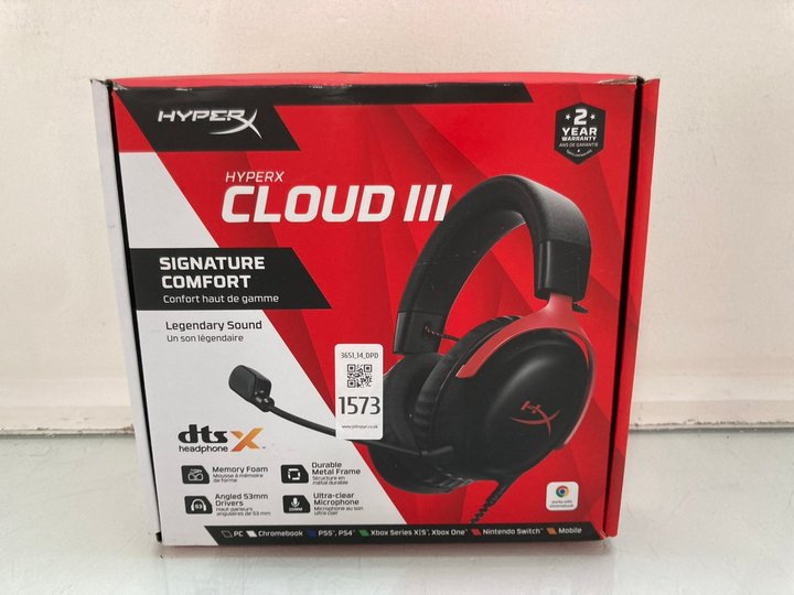 Lot 1573  
            Marchington SR14 - Parcel Delivery Only 

                
HYPER X CLOUD III WIRED GAMING HEADSET IN BLACK: LOCATION - D2
