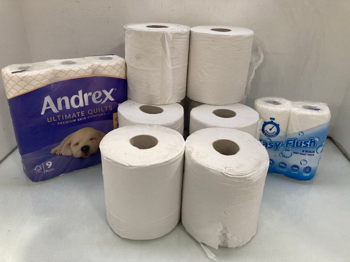 Lot 1582  
            Marchington SR14 - Parcel Delivery Only 

                
3 X ASSORTED TOILET ROLLS TO INCLUDE ANDREX ULTIMATE QUILTS 9 PACK TOILET ROLLS: ...
