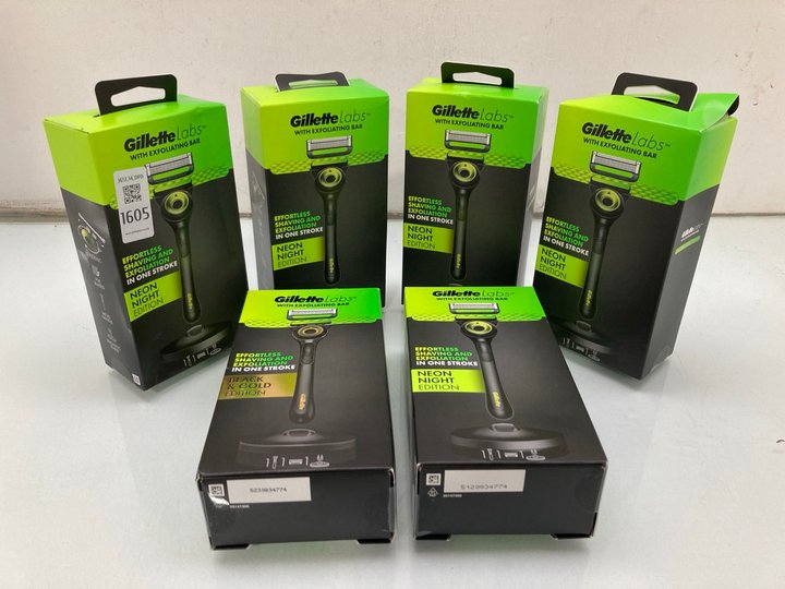 Lot 1605  
            Marchington SR14 - Parcel Delivery Only 

                
6 X GILLETTE LABS RAZORS WITH EXFOLIATING BARS TO INCLUDE BLACK & GOLD EDITION (1...