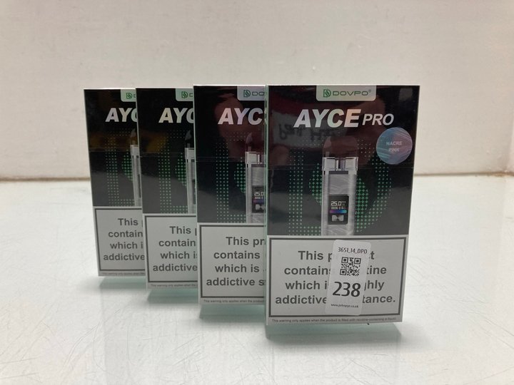 Lot 238  
            Marchington SR14 - Parcel Delivery Only 

                
4 X AYCE PRO VAPE KITS (18+ ID REQUIRED): LOCATION - A8