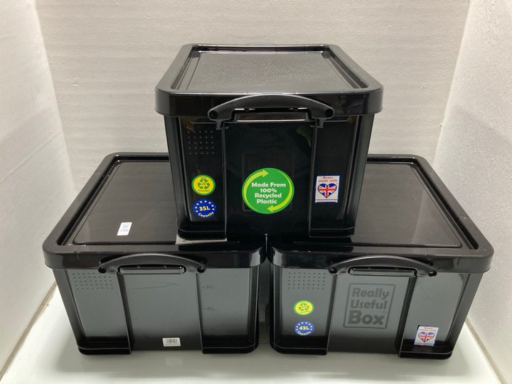 Lot 248  
            Marchington SR14 - Parcel Delivery Only 

                
3 X 35L SOLID BLACK PLASTIC STORAGE TUBS WITH LIDS: LOCATION - A8