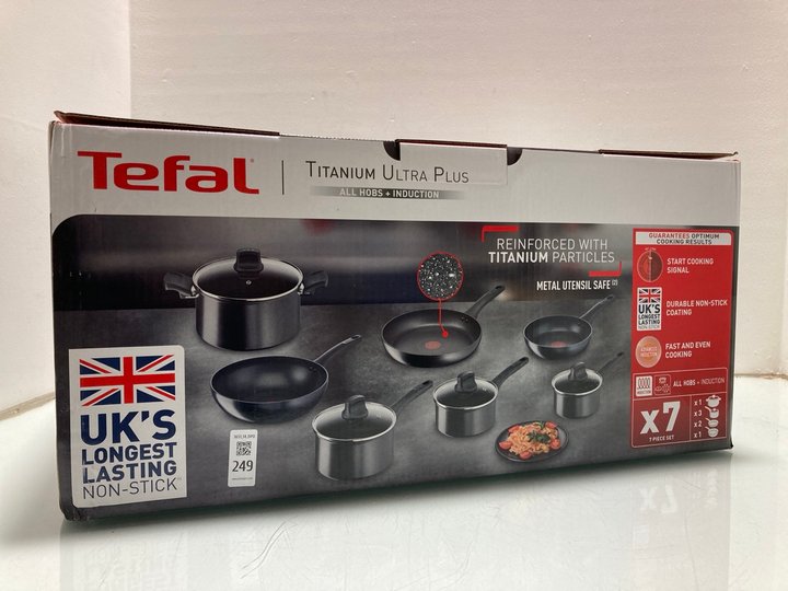 Lot 249  
            Marchington SR14 - Parcel Delivery Only 

                
TEFAL TITANIUM ULTRA PLUS NON-STICK 7PCS PAN SET: LOCATION - A9