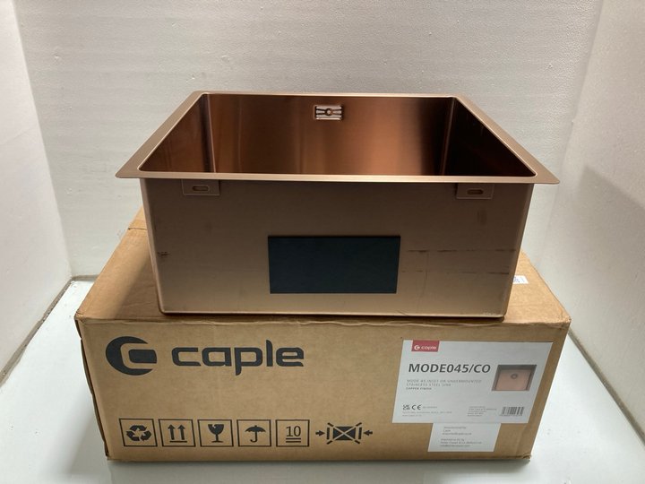 Lot 264  
            Marchington SR14 - Parcel Delivery Only 

                
CAPLE MODE 45 INSET OR UNDERMOUNTED STAINLESS STEEL SINK IN COPPER FINISH - MODEL...