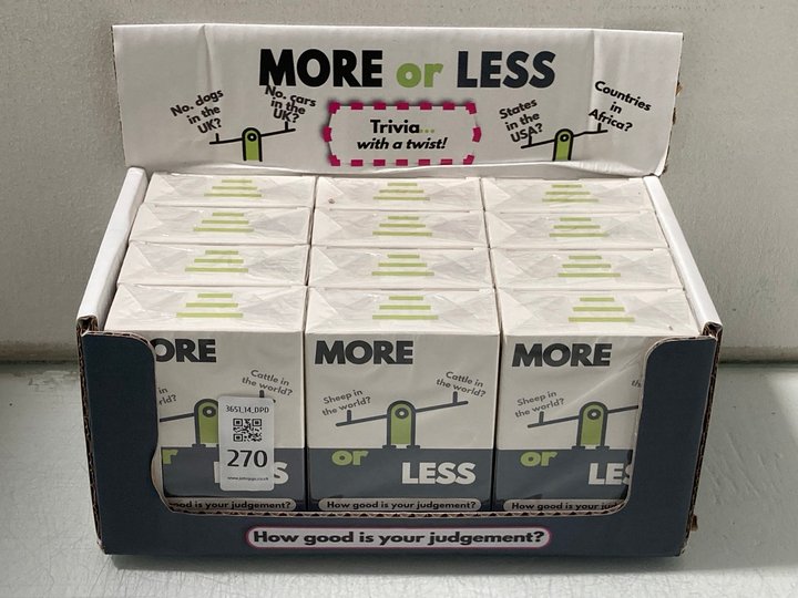 Lot 270  
            Marchington SR14 - Parcel Delivery Only 

                
DISPLAY BOX OF 12 MORE OR LESS TRIVIA CARD GAMES - ORIGINAL RRP £180: LOCATION - A10