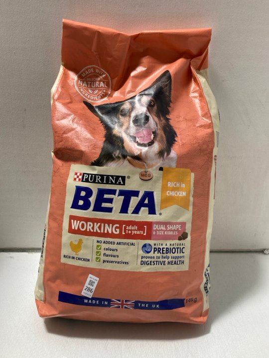 Lot 286  
            Marchington SR14 - Parcel Delivery Only 

                
PURINA BETA 14KG WORKING ADULT DOG FOOD - BBE: APR 2027: LOCATION - A10