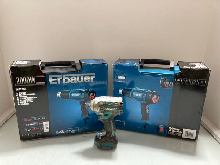 Lot 316  
            Marchington SR14 - Parcel Delivery Only 

                
2 X ERBAUER 2000W HEAT GUNS - MODEL: EHG2000 TO INCLUDE MAKITA BRUSHLESS DRILL (1...