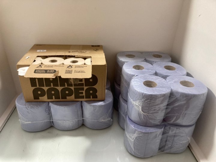 Lot 336  
            Marchington SR14 - Parcel Delivery Only 

                
3 X PACKS OF 6 LARGE BLUE ROLLS TO INCLUDE BOX OF 24 ROLLS OF NAKED PAPER UNBLEAC...