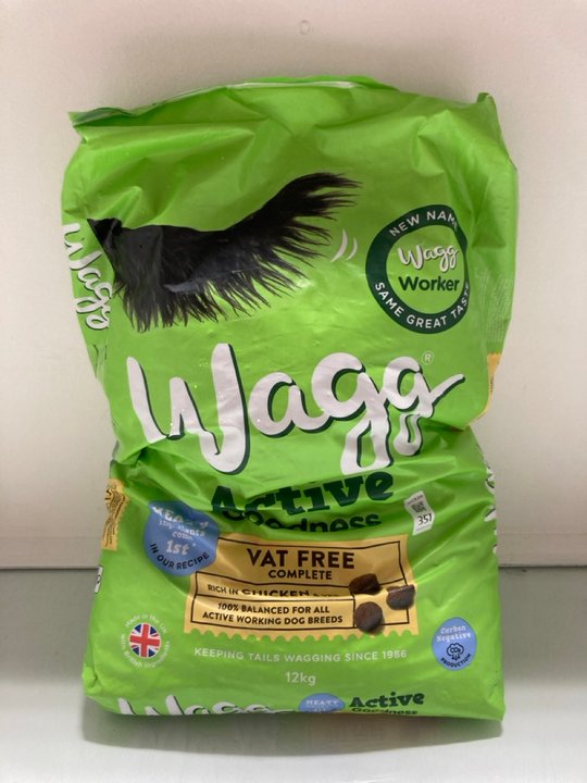 Lot 351  
            Marchington SR14 - Parcel Delivery Only 

                
WAGG ACTIVE GOODNESS 12KG ADULT DOG FOOD - BBE: DEC 2026: LOCATION - A14