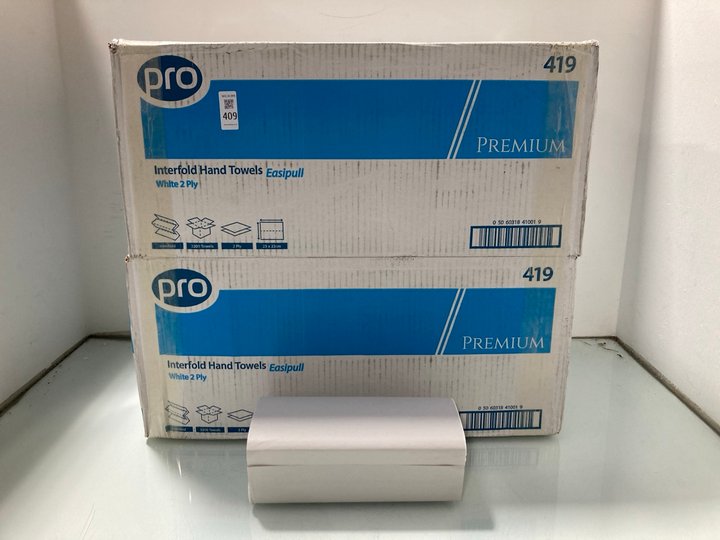 Lot 409  
            Marchington SR14 - Parcel Delivery Only 

                
2 X BOXES OF PRO PREMIUM INTERFOLD HAND TOWELS IN WHITE: LOCATION - A17