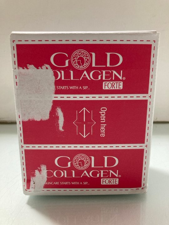 Lot 425  
            Marchington SR14 - Parcel Delivery Only 

                
BOX OF 30 X 50ML BOTTLES GOLD COLLAGEN FORTE FOOD SUPPLEMENTS IN PEACH AND LYCHEE...