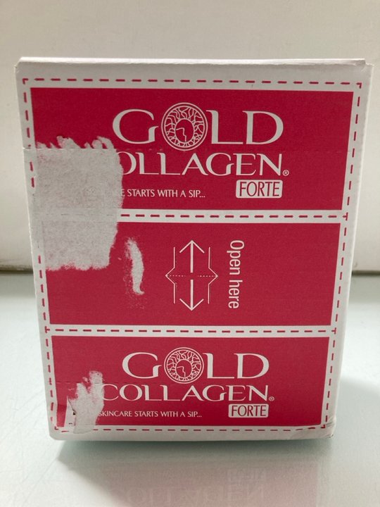 Lot 426  
            Marchington SR14 - Parcel Delivery Only 

                
BOX OF 30 X 50ML BOTTLES GOLD COLLAGEN FORTE FOOD SUPPLEMENTS IN PEACH AND LYCHEE...