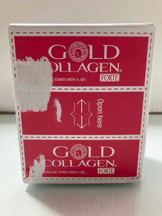 Lot 427  
            Marchington SR14 - Parcel Delivery Only 

                
BOX OF 30 X 50ML BOTTLES GOLD COLLAGEN FORTE FOOD SUPPLEMENTS IN PEACH AND LYCHEE...