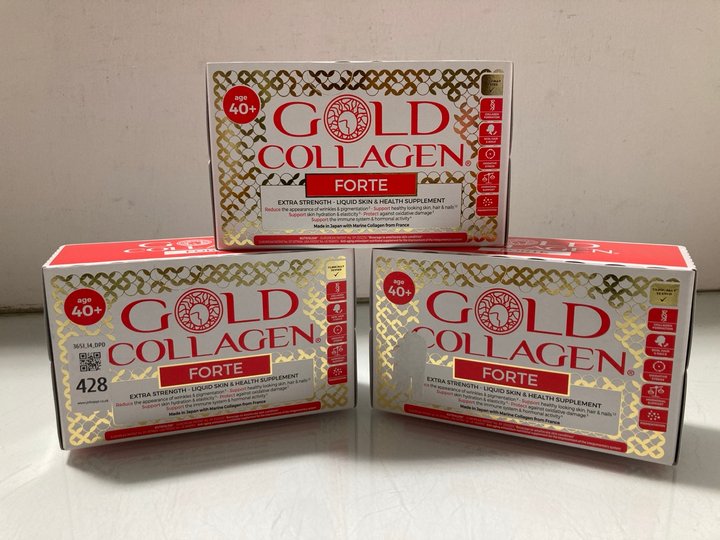 Lot 428  
            Marchington SR14 - Parcel Delivery Only 

                
3 X BOXES OF 10 X 50ML BOTTLES GOLD COLLAGEN FORTE FOOD SUPPLEMENTS IN PEACH AND ...