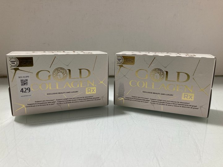 Lot 429  
            Marchington SR14 - Parcel Delivery Only 

                
2 X BOXES OF 10 X 50ML BOTTLES OF GOLD COLLAGEN RX FOOD SUPPLEMENTS IN PEACH, ORA...