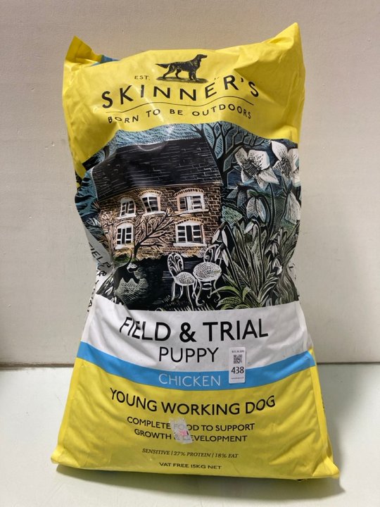 Lot 438  
            Marchington SR14 - Parcel Delivery Only 

                
SKINNERS 15KG FIELD & TRIAL PUPPY CHICKEN DRY DOG FOOD - BBE 09.2026: LOCATION - A18