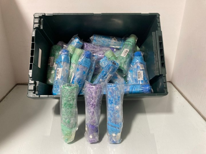Lot 605  
            Marchington SR14 - Parcel Delivery Only 

                
QTY OF PLASTIC FOLDING TRANSPARENT UMBRELLAS IN BLUE/GREEN/PURPLE: LOCATION - B14