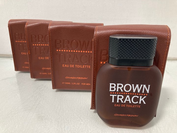 Lot 677  
            Marchington SR14 - Parcel Delivery Only 

                
4 X GEORGES MEZOTTI BROWN TRACK EAU DE TOILETTES 100ML - COMBINED ORIGINAL RRP £1...