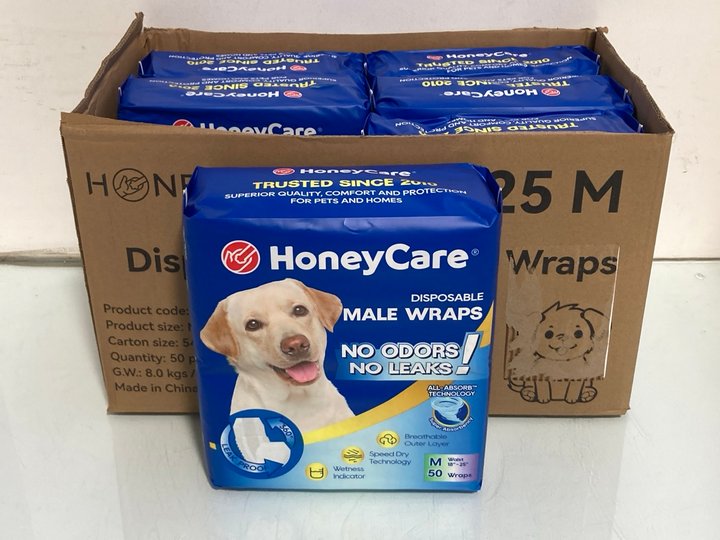 Lot 684  
            Marchington SR14 - Parcel Delivery Only 

                
BOX OF 6 PACKS OF HONEYCARE DISPOSABLE MALE DOG WRAPS - COMBINED ORIGINAL RRP £12...