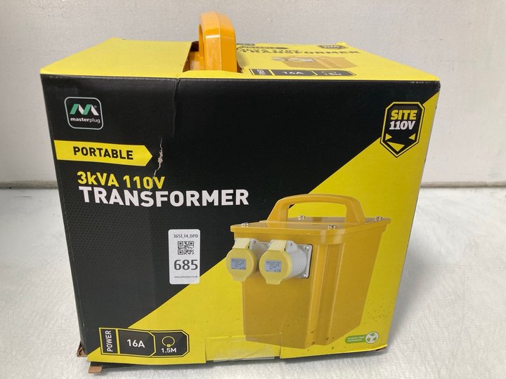 Lot 685  
            Marchington SR14 - Parcel Delivery Only 

                
MASTERPLUG SITE 110V 3KVA PORTABLE TRANSFORMER - ORIGINAL RRP £110: LOCATION - B9