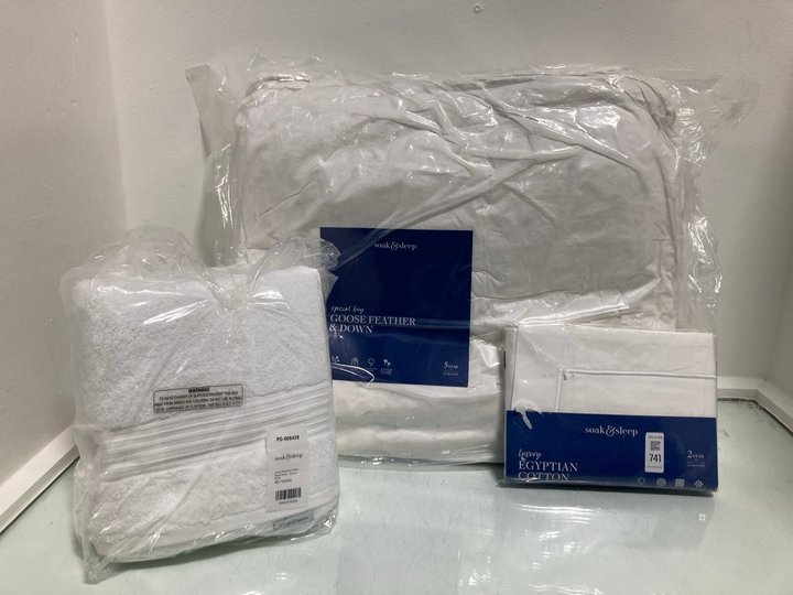 Lot 741  
            Marchington SR14 - Parcel Delivery Only 

                
3 X ASSORTED SOAK & SLEEP ITEMS TO INCLUDE GOOSE FEATHER & DOWN SUPERKING 13.5 TO...