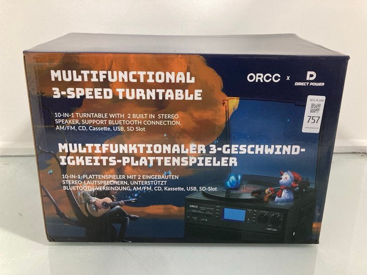 Lot 757  
            Marchington SR14 - Parcel Delivery Only 

                
ORCC X DIRECT POWER MULTIFUNCTIONAL 3-SPEED TURNTABLE - MODEL 12200G: LOCATION - B4