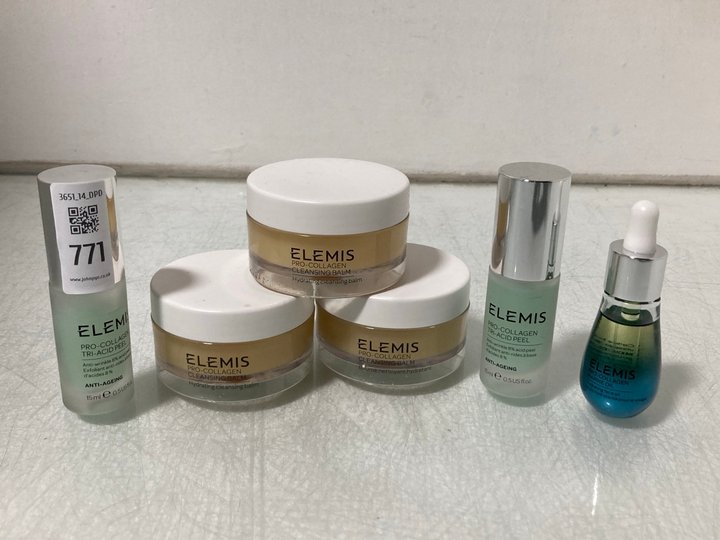 Lot 771  
            Marchington SR14 - Parcel Delivery Only 

                
6 X ASSORTED ELEMIS BEAUTY PRODUCTS TO INCLUDE 2 X 15ML PRO-COLLAGEN TRI-ACID PEE...