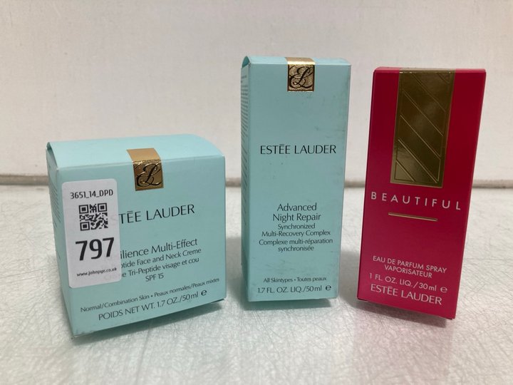Lot 797  
            Marchington SR14 - Parcel Delivery Only 

                
3 X ESTEE LAUDER BEAUTY PRODUCTS TO INCLUDE 50ML RESILIENCE MULTI-EFFECT PEPTIDE ...