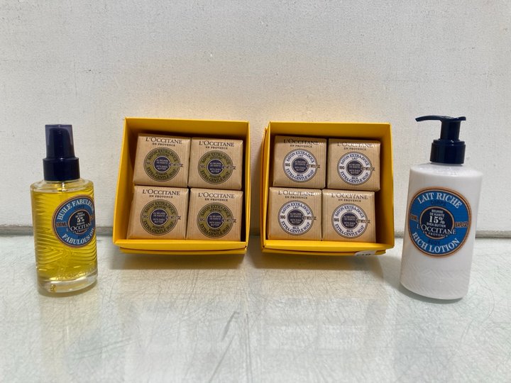 Lot 812  
            Marchington SR14 - Parcel Delivery Only 

                
4 X ASSORTED L'OCCITANE BEAUTY PRODUCTS TO INCLUDE 100ML 5& SHEA OIL FABULOUS BOD...